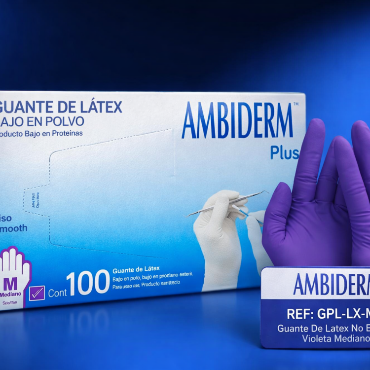 Guante de látex violeta mediano Ambiderm no estéril GPL-LX-M-V